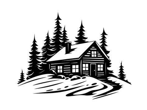 Free Cabin Svg Files For Cricut, Christmas Free Svg Files For Cricut, Cabin Silhouette, Cabin Svg, Cabin In Woods, Winter Silhouette, Snowy Cabin, Printable Clip Art, Snowy Christmas