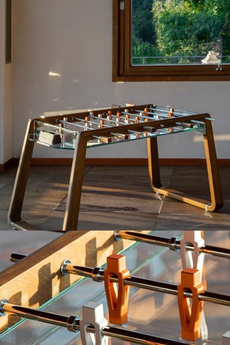 The Derby Football table showcases the best of Italian design and craftsmanship while ensuring a high- quality gaming experience. Fussball Table, Foosball Table Design, Derby Football, Table Tennis Equipment, Modern Game Tables, Cnc Furniture Plans, Game Room Tables, Football Table, Foosball Tables