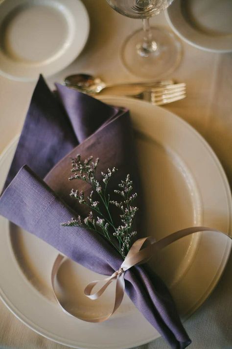 Featured Photographer: Onelove Photography; wedding reception table decor idea Wedding Napkins Ideas, Purple Table Settings, Napkins Wedding Table, Round Table Settings, Wedding Reception Table Decor, Reception Table Decor, Creative Napkins, Lavender Bridesmaid, Lavender Bridesmaid Dresses