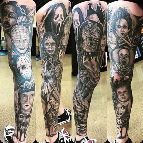 Horror Movie Tattoos Sleeve, Movie Character Tattoos, Horror Sleeve, Sick Tattoos, Halloween Tattoos Sleeve, Movies Wallpaper, Horror Tattoos, Horror Movie Tattoos, Movies Horror