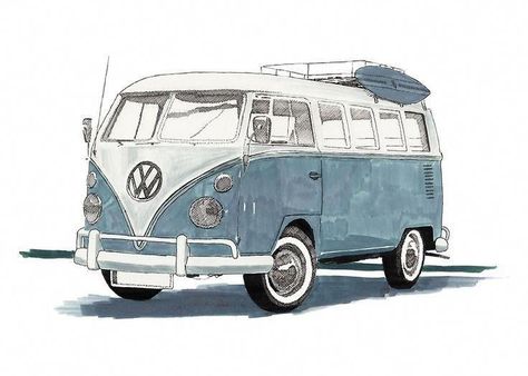 Watercolor Bike, Van Drawing, Bus Drawing, Van Volkswagen, Bus Art, Vw Art, Volkswagen Van, Combi Vw, Industrial Design Sketch