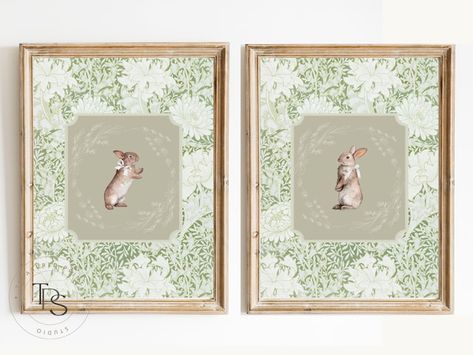 TreasuredPrintStudio - Etsy Brazil Bunny Nursery Art, Rabbit Vintage, Kindergarten Wallpaper, Green Rabbit, Wallpaper Nursery, Bunny Nursery, Wall Decor Vintage, Green Nursery, Printable Wall Decor