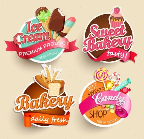 Food Label or Sticker ¨C bakery, ice cream, candy, sweet bakery ¨C Design Template. Vector illustration. Sweet Bakery Logo, Dangler Design, Food Label Sticker, Food Label Template, Ice Cream Logo, Candy Logo, Party Food Labels, Cream Candy, Sweet Jars