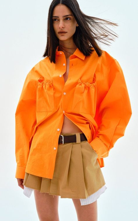 Basic Cardigan, Spring Fashion Outfits, Orange Shirt, Dinner Outfits, Mandarin Orange, Pocket Shirt, 가을 패션, Blouse Styles, Fashion Details