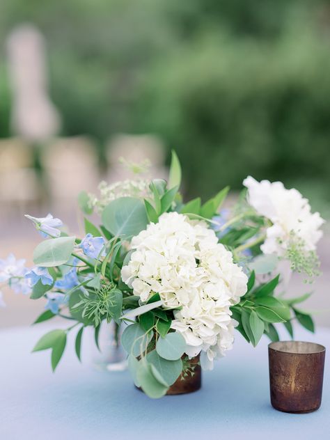 Hydrangea Bud Vase Centerpiece, Blue Delphinium Centerpiece, Blue Hydrangea Centerpiece, Blue Vase Centerpieces, Blue Hydrangea Centerpieces, Cocktail Table Centerpieces, White Hydrangea Centerpieces, White Cocktail Tables, Bud Vase Centerpiece