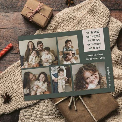 Earthy 5 Photo Collage Year Review Christmas Green Holiday Card #zazzle #weddinginvitations #birthdayinvitations #babyshowerinvitations #zazzleinvitations #monogram #businesscards #graduation #homedecor