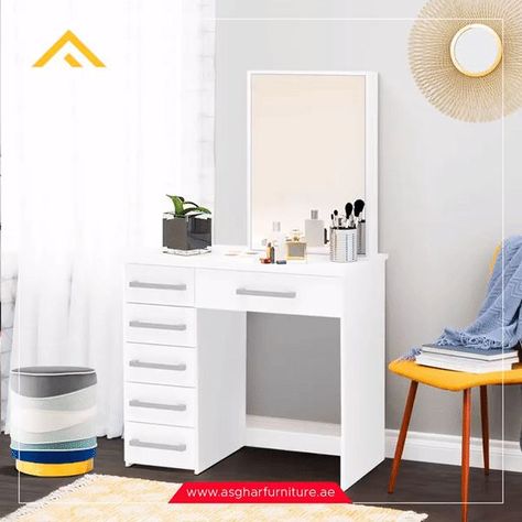 Define a space to store makeup and get ready each day with this clean-lined Evelyn Dressing Table! SHOP ONLINE Small Vanity Ideas Bedroom, Painted Makeup Vanity, Modern Makeup Table, White Vanity Desk, Modern Vanity Table, White Makeup Vanity, Modern Makeup Vanity, Makeup Vanity Table, Hollywood Vanity Mirror