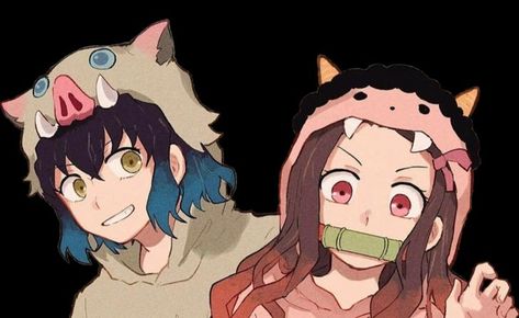 Inosuke and Nezuko in costumes - Imgur Inosuke X Nezuko, Cute Demonslayer, Nezuko And Inosuke Fanart, Nezuko And Inosuke Manga, Nezuko And Inosuke, Inosuke And Nezuko, Nezuko And Inosuke Matching Icons, Nezuko And Friends, Doma And Inosuke Mom