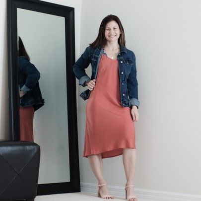 Affordable Satin dress in Fall colors // jean jacket http://liketk.it/2YwF1 @liketoknow.it #liketkit #LTKunder50 #LTKshoecrush Satin Dress Denim Jacket, Spring Sleeveless Satin V-neck Dress, Fall V-neck Satin Dress, Denim Blue V-neck Dress For Fall, Fall V-neck Denim Blue Dress, Colored Jeans, Satin Dresses, Jean Jacket, Influencer