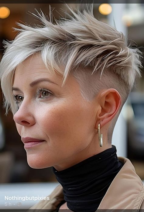 Funky Pixie Cut, Elephant Rings, Shaved Pixie Cut, 2024 Haircuts, Mom Haircuts, Pixie Haircut Ideas, Bangs Hairstyle, Shaved Hair Cuts, Really Short Hair