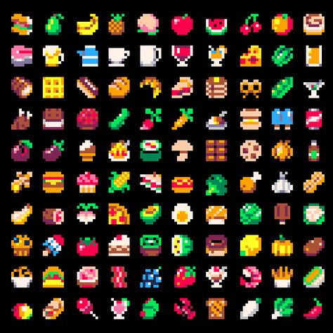 Here's 100 8x8 food & drink sprites using the #PICO8 palette. Manyland Game, Pixel Items, Streaming Room, Pixel Sprites, How To Pixel Art, Pixel Art Food, Pixel Pokemon, Image Pixel Art, Piskel Art