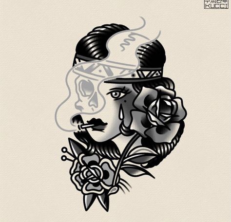 Traditional Tattoo Art Woman Face, Americana Tattoo Woman, American Traditional Woman Face, Old School Women Tattoo, Old School Tattoo Sleeve Women, Old School Tattoo For Women, Traditional Woman Face Tattoo, Classic Tattoo For Women, Old American Tattoos