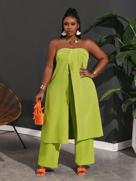 SHEIN Slayr Plus Size Vacation Casual Pleated Split Hem Long Tube Top And Wide Leg Pants Set | SHEIN USA Long Tube Top, Plus Size Vacation, Babydoll Tops, Top And Wide Leg Pants, Babydoll Top, Airport Outfit, Split Hem, Concert Outfit, Tube Top