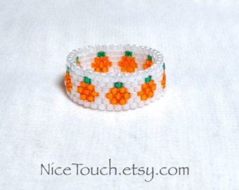 SUMMER SALE Free Shipping or Save 20% Wintergreen green Tiny Pumpkins, Halloween Beaded Jewelry, Pumpkin Ring, Miyuki Beads Pattern, Beads Ring, Seed Bead Crafts, Bead Rings, Holiday Beading, Diy Yarn Crafts