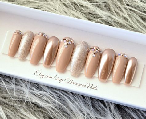 baroquennails.etsy.com #order #nails #shop #custom #nail #acrylicnails #color #pressonnails #glueonnails #makeup #manicure #makeupdupes #beauty #nailart #beautyfinds #handmade #diy #store #fakenails #gelnails Press On Nails Nude, Champagne Nails, Tan Nails, Nails Rose, Glitter Accent Nails, Nails Nude, Swarovski Nails, Rose Gold Nails, Coffin Nails Long