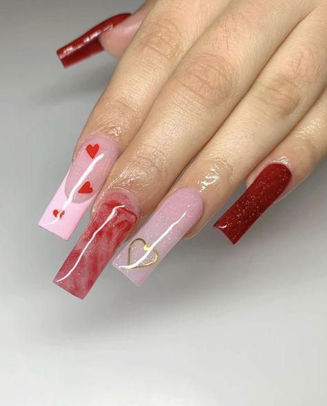 Medium Square Acrylic Nails Valentines Day, Poly Gel Valentines Nails, Unique Valentines Nails Acrylic, Valentines Themed Nails, Square Acrylic Nails Valentines, Long Valentines Day Nails Acrylic, February Nails Ideas Valentines Day Red, Valentines Day Nails Acrylic Long, San Valentine Nails Ideas