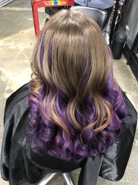 Purple hair, under panel. Pure love. Purple Panels In Hair, Purple Hair Bottom Half, Purple And Light Brown Hair, Light Brown And Purple Hair, Purple Under Hair, Dark Purple Hair With Blonde, Purple Halo Hair, Purple Hair Tips, Purple Highlights Brown Hair