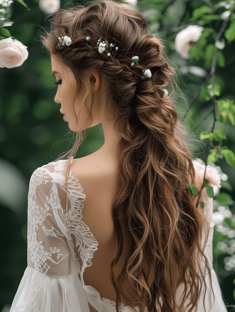 48 Marvelous Long Hair Wedding Hairstyles for Brides in Spring 2024 Bride Hairstyles Half Up Half Down With Flowers, Flowy Bridal Hair, Ethereal Bride Hair, Forest Wedding Hairstyles, Bride Hairstyles Long Hair, Wedding Hairdos For Long Hair, Side Wedding Hairstyles, Forest Wedding Hair, Fairy Wedding Hair