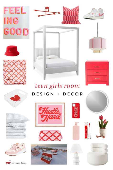 Here at Red Wagon, we have 8 daughters among us! We are no stranger to the needs and wants of our girls. We crafted this girls room design board for a college-aged student. Whites create a blank canvas from which to work and pops of pink soften the bold reds. Pink And Red Girls Bedroom, Kids Red Bedroom, Red Pink Bedroom, Girls Bedroom Red, Purple Girls Room, Colorful Room Decor, Girls Room Design, Pink Bedroom For Girls, Pink Girl Room