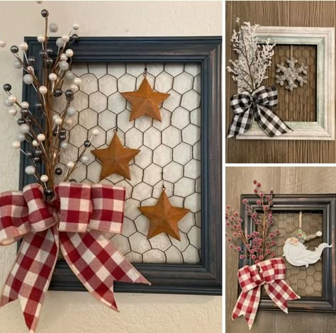 Chicken Wire Frame Decor, Chicken Wire Picture Frame, Chicken Wire Crafts, Chicken Wire Frame, Farm Craft, Dollar Store Christmas Crafts, Picture Frame Crafts, Barn Wood Crafts, Farm Crafts