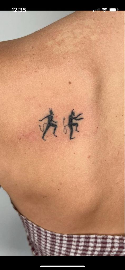 Tiny Demon Tattoo, Stick Men Tattoo, Devils Advocate Tattoo, Meaningful Matching Tattoos Friends, Tiny Clown Tattoo, Dancing Devil Tattoo, Angel Devil Shoulder Tattoo, Simple Demon Tattoo, Small Demon Tattoo