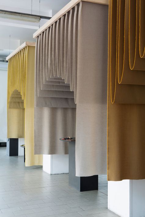 Norwegian Presence — Hallgeir Homstvedt Design Curtain Art, Fabric Building, Fabric Walls, Fabric Installation, Curtain Installation, Jaipur Rugs, Hanging Fabric, Showroom Design, Display Design