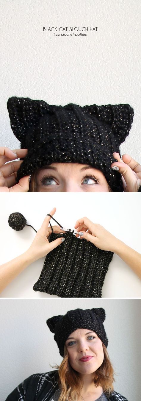 black cat hat - free crochet pattern from www.persialou.com Cat Hat Pattern, Crochet Cat Hat, Confection Au Crochet, Bonnet Crochet, Patterns Ideas, Crochet Diy, Cat Hat, Crochet Cat, Crochet Hat Pattern