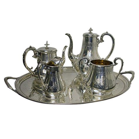 Antique English Silver Tea & Coffee Service & Tray 141ozs at 1stdibs Gorham Silver, Silver Tea Set, Silver Plated Trays, Coffee Service, Silver Tea, Silver Flatware, Tee Set, Tea Tray, Tea Service