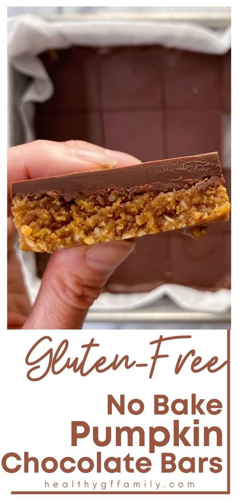 Chocolate No Bake Bars, Pumpkin Bars Gluten Free, Chocolate Pumpkin Desserts, Fall Dessert Bar, Fall Desserts Gluten Free, Gluten Free Pumpkin Desserts, Gluten Free Pumpkin Bars, Chocolate No Bake, Gluten Free Fall Recipes