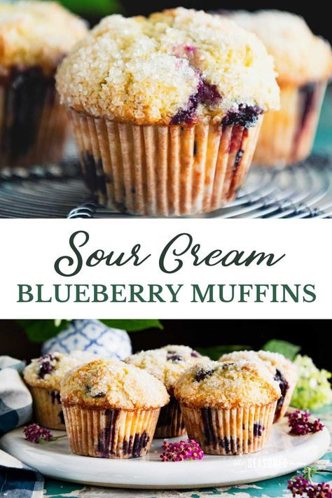 The best bakery-style blueberry muffins are moist and fluffy, bursting with fresh, juicy berries, and finished with a crunchy sugar topping. These sour cream blueberry muffins are also big, decadent, and totally satisfying! Stock Freezer, Healthy Sour Cream, Sour Cream Blueberry Muffins, Lemon Sour Cream Pie, Sour Cream Muffins, Bakery Style Blueberry Muffins, Pie Bakery, Homemade Blueberry Muffins, Easy Blueberry Muffins