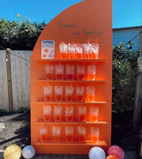 Orange Crush Theme Party, Aperol Spritz Party Decorations, Aperol Spritz Decoration, Diy Aperol Spritz Bar, Aperol Spritz Party Theme Birthday, Aperol Spritz Birthday Theme, Aperol Spritz Engagement Party, Spritz Themed Party, Aperol Spritz Station