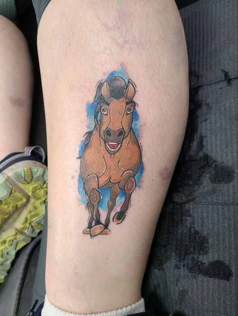 Spirit Horse Tattoo, Spirit The Horse Tattoo, Horse Leg Tattoo, Spirit Tattoo Horse, Horse Tattoo On Leg, Spirit Horse Movie Tattoo Ideas, Lost Horse Tattoo, Spirit Tattoo, Spirit The Horse