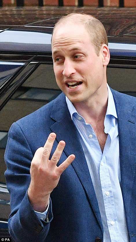 Prince William joked yesterday, holding up three fingers, that he had 'thrice the worry now' Three Fingers Up, Washington Hamilton, Royal Arrival, Prince Harry And William, Kate Middleton Pregnant, King Queen Prince Princess, Pregnant Sisters, God Save The King, William Prince Of Wales