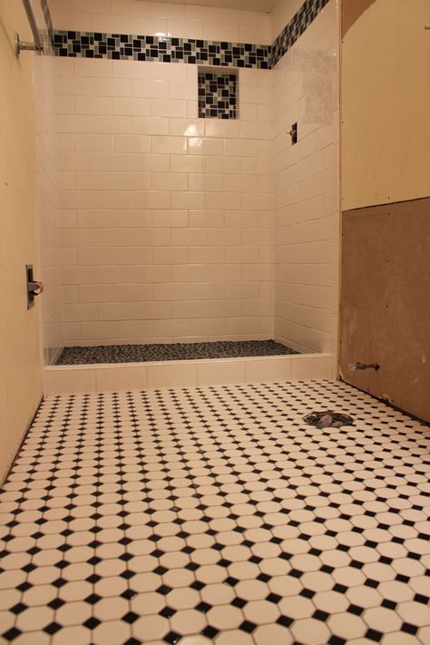 subway shower with river rock shower floor and diamond hex mosaics on bathroom floor. Shower With River Rock Floor, Octagon And Dot Tile, River Rock Shower Floor, Rock Shower Floor, River Rock Floor, River Rock Shower, Rock Shower, Second Bathroom, Rock Floor