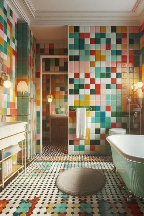 Take a trip back in time with these retro-inspired colorful square tiles. Arrange in a grid for maximum nostalgic impact. #RetroTiles #ColorfulGrid Multicolor Tile Bathroom, Mosaic Bathroom Floor, Tiled Bathroom, Eclectic Tile, Retro Tiles, Square Tiles, Tiles Ideas, Retro Revival, Square Grid