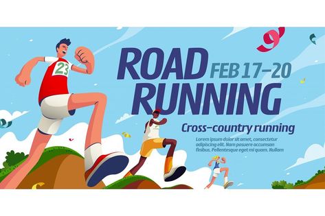 Road running event banner design with energetic competitors crossing different terrains.  **What's Included** - 🖋️ EPS10 Vector for editing - 🖼️ 300DPI JPG for preview - Organized and separated layers of Main, Background  Thank you again for supporting our artwork! If you have any questions, don’t hesitate to post a comment down below or PM me.  Happy creating😊 Event Banner Design, Running Posters, Running Race, Sport Banner, Cross Country Running, Event Poster Design, Beauty Logo Design, Event Banner, School Event