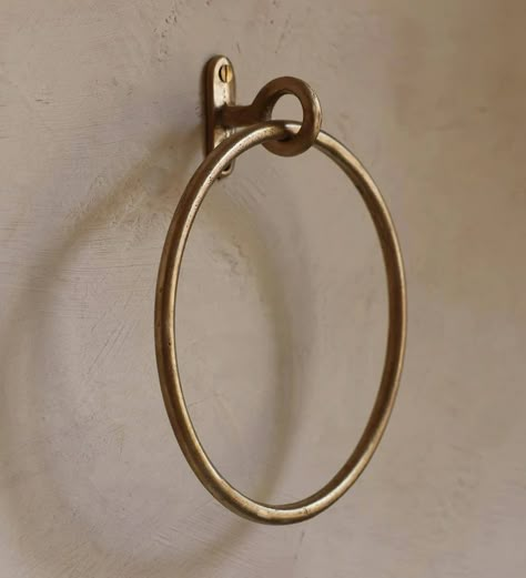 Our in-house designer's favorite hardware.  Hand-made solid brass towel ring.  7'7" D Brass Towel Hook, Brass Bathroom Hardware, Brass Towel Bar, Belt Hanger, Bronze Bathroom, Hand Towel Holder, Towel Holder Bathroom, Black Towels, Brass Bathroom