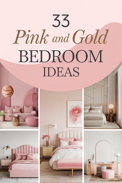 Pink and gold bedroom ideas create a luxurious and feminine retreat. Explore blush pink walls, gold accent furniture, and metallic bedding. Discover pink velvet headboards, gold-framed mirrors, and rose gold light fixtures. Find inspiration for pink and gold throw pillows, delicate gold wall decals, and plush pink carpets to design a dreamy and sophisticated sleeping space that combines softness with glamour. These ideas are perfect for creating a pink and gold bedroom aesthetic for teens, adults, or anyone who loves a touch of elegance. Blush And Gold Bedroom Ideas, Light Pink And Gold Room, White And Gold Bedroom Elegant, Champagne Bedroom Ideas Decor, Pink And Beige Room, Blush Pink And Gold Bedroom, Pink Headboard Bedroom Ideas, Gold And Pink Bedroom, Modern Glam Bedroom Decor