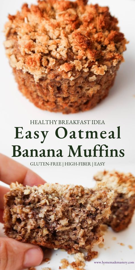 Healthy Oatmeal Banana Muffins Recipe (No Flour, No Blender) - Homemade Mastery Mediterranean Banana Recipes, Healthy Banana Oatmeal Muffins, Oatmeal Banana Muffins, Banana Oatmeal Muffins Healthy, Healthy 2024, Healthy Banana Oatmeal, Easy Breakfast Muffins, Cholesterol Meals, Gluten Free Banana Muffins