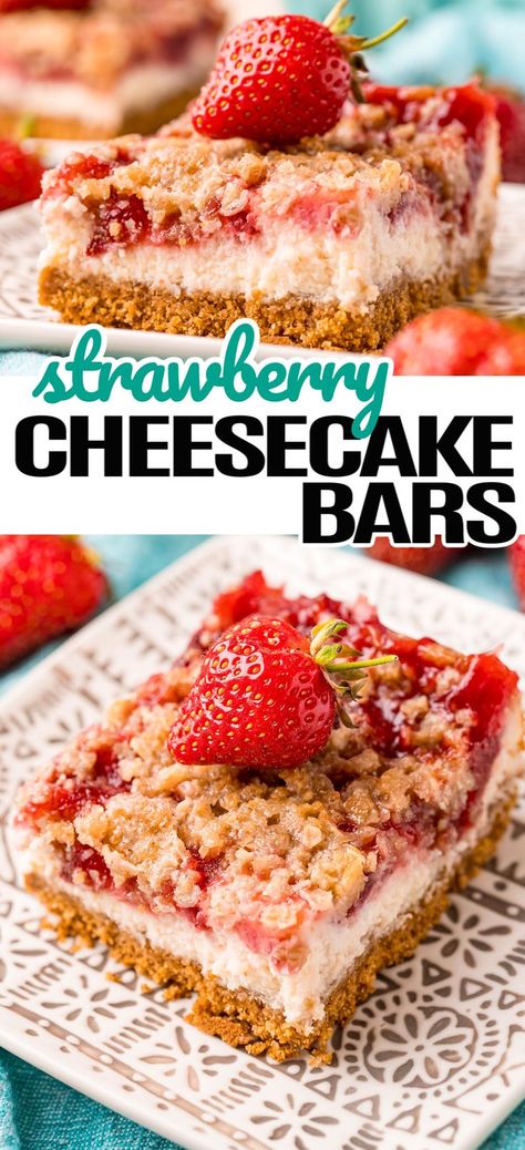 Delish Strawberry Cheesecake Bars, Strawberry Recipes With Fresh Strawberries, Frozen Strawberry Bars, Easy Fruity Dessert Recipes, Recipes To Use Up Strawberries, Fruit Bars Made With Jam, Recipes That Use A Lot Of Strawberries, Strawberry Cobbler Cheesecake, Easy Cheesecake Squares