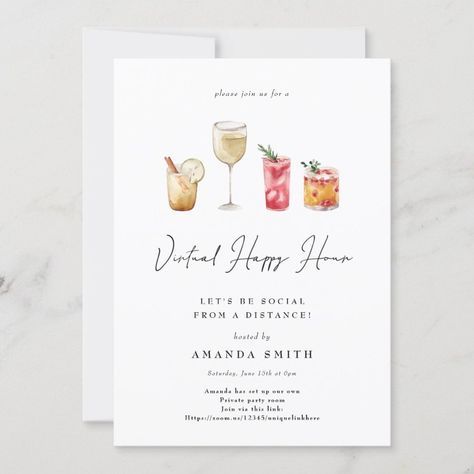 Virtual Happy Hour Cocktail Party Social Distance  Invitation  Zazzle Cocktail Party Invitation, Boho Invitations, Happy Hour Cocktails, Christmas Flyer, Bachelorette Party Invitations, Modern Invitation, Social Distance, Watercolor Invitations, Invitation Card Design