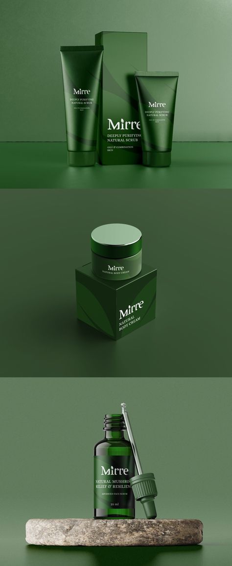 Mirre Brand Packaging Designed by Muzaget Brands - World Brand Design Society Green Skincare Packaging Design, Mens Cosmetics Packaging, Green Cosmetics Packaging, Skin Product Packaging, Natural Skin Care Branding Design, Clean Label Design, Cosmetic Product Packaging, Green Skincare Packaging, Natural Cosmetic Packaging Design