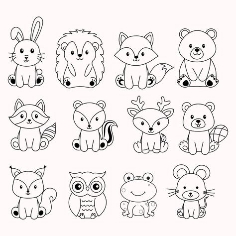 Drawing Woodland Animals, Woodland Animals Svg Free, Easy Wild Animal Drawings, Cute Animal Faces Drawing, Woodland Embroidery Pattern, Animal Doodles Cute, Colourful Animal Art, Easy Cute Animal Drawings, Easy Draw Animals