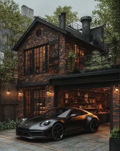 ↑↑↑ Larger size on website 🔸 A sleek, black Porsche sits in the open garage of a stylish brick home. The house features large win Brick Black House, Open Garage, Black Metal Roof, Black Porsche, Black Life, Brick Home, House Features, Urban Setting, Lush Greenery