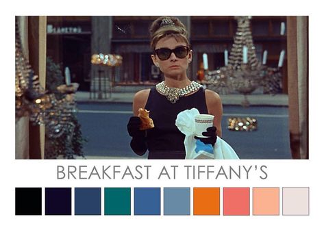 Breakfast at Tiffany’s (1961) Blake Edward’s classic features Audrey Hepburn as Holly Golightly. Aside from a little black dresses inspired by Coco Chanel and designed by Givenchy, Hepburn also wears orange and pink. These warm colours coupled with Hepburn’s flawless complexion create a stunning contrast with the cool steel blues and greys of the New York city streetscape. Cinema palette by Zena O’Connor Color In Film, Movie Color Palette, Blake Edwards, Audrey Hepburn Photos, Holly Golightly, Truman Capote, Breakfast At Tiffany's, Blue Palette, Breakfast At Tiffanys