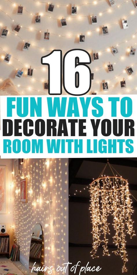 Fun Lights In Bedroom, Led Light Ideas Bedroom Design, Things To Do With Fairy Lights, Fairy Light Crafts, Boho Fairy Lights, Fairy Light Decor Ideas, Fairy Lights Bedroom Wall, Hanging Lights In Bedroom, String Lights Indoor