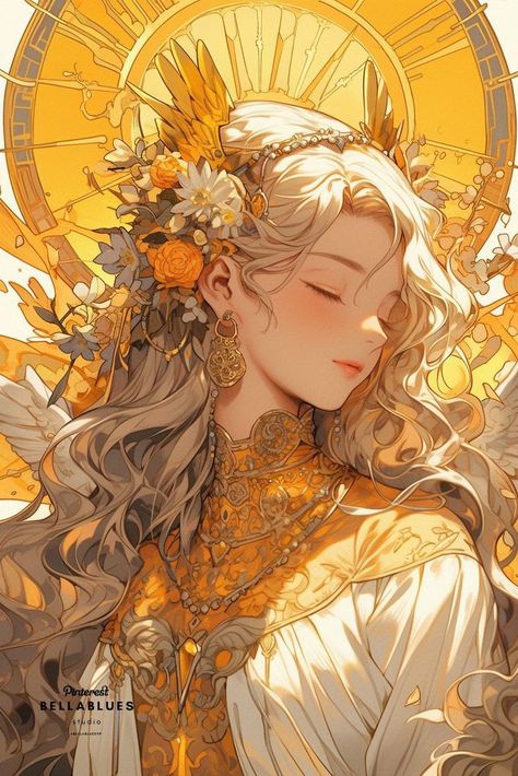 Sun Princess Art, Yellow Fantasy Art, Sun Character Design, Yellow Animation, Siren Anime, Yellow Goddess, Sun Character, Fantasy Dress Drawing, Oc Sheet Character Design