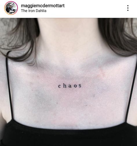 Chest Small Tattoo, Word Tattoo On Chest, Chaos Neck Tattoo, Word Tattoo Chest Woman, Small Cursive Neck Tattoo, Word On Chest Tattoo, Word Tattoos Chest, Neck Word Tattoo, Word Chest Tattoo Female