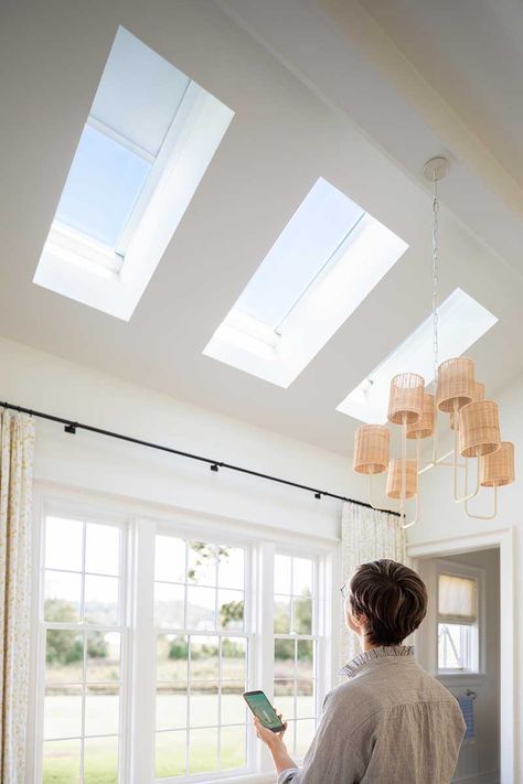 Skylight Design Guide: Skylight Ideas for Your Home | Marvin Skylight Vaulted Ceiling, Skylight In Living Room Ceilings, Garage Skylight Ideas, Skylight Ideas Ceilings Interior Design, Skylights Ideas Ceilings Living Room, Skylights In Kitchen, Living Room Skylight, Skylight Home Design, Skylight Opening