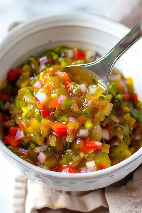 This pepperoncini relish is so easy to make at home! The spicy mixture is the perfect topping for meats, sandwiches, hot dogs, and more! Recipes With Peppercinis, Italian Hot Peppers In Oil Recipes, Pepperoncini Relish, Hot Dog Relish, Homemade Hot Dogs, Gourmet Hot Dogs, Hot Dog Toppings, Pepperocini Recipes, Dinner Recipes Crockpot